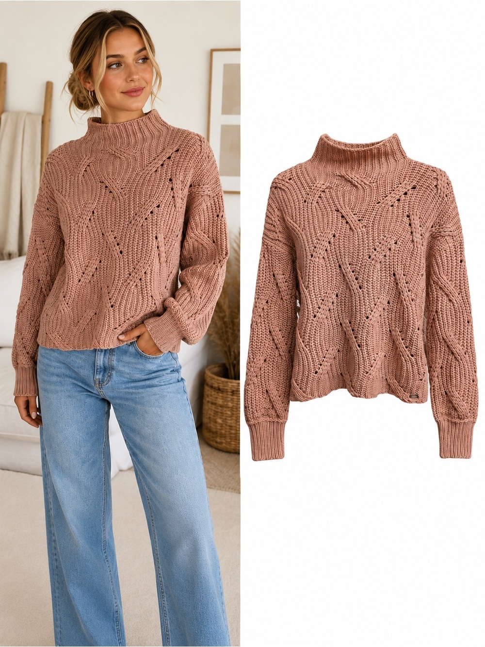 Savvi | Dusty Rose Chunky Knit Turtleneck Sweater Oversized Cable Knit | Medium